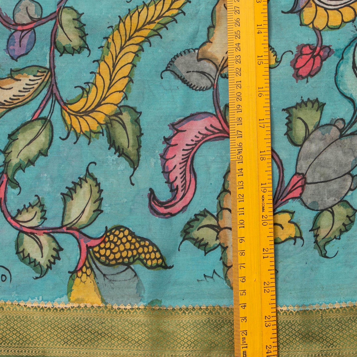 Sky Blue And Green Handpainted Kalamkari Mangalgiri Silk Saree With Zari Border PK MS 74