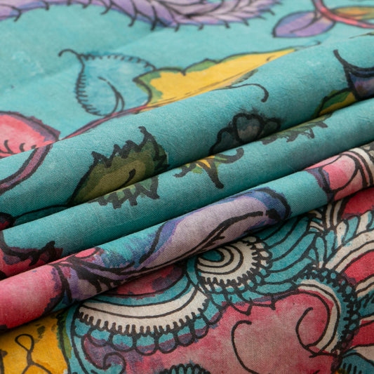 Sky Blue And Green Handpainted Kalamkari Mangalgiri Silk Saree With Zari Border PK MS 74