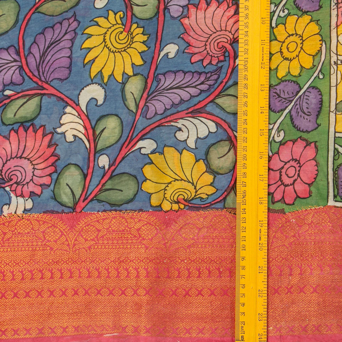 Blue And Pink Handpainted Kalamkari Mangalgiri Silk Saree For Festive Wear PK MS 81