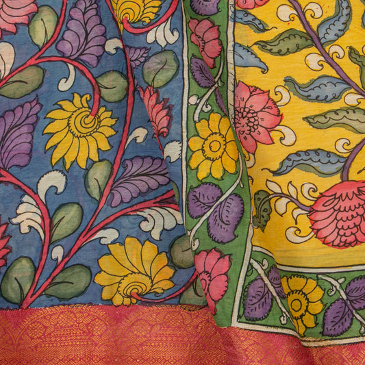 Blue And Pink Handpainted Kalamkari Mangalgiri Silk Saree For Festive Wear PK MS 81