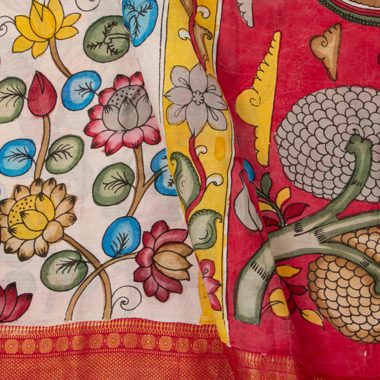 Off White And Red Kalamkari Mangalgiri Silk Saree For Festive Wear PK MS 80