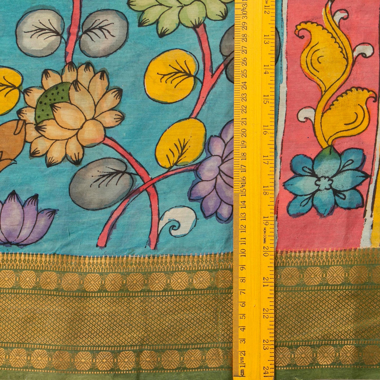 `Blue And Yellow Handpainted Kalamkari Mangalgiri Silk Saree With Krishna Leela Theme PK MS 79