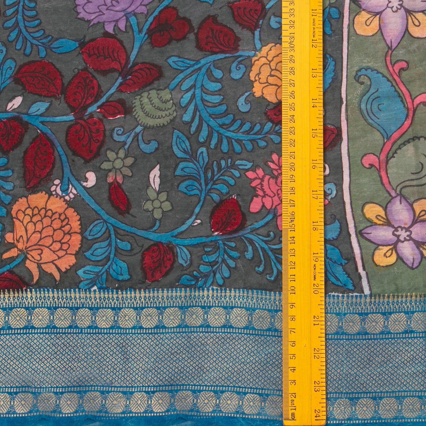 Nandavanam Themed Dark Green And Blue Handpainted Kalamkari Mangalgiri Silk Saree For Festive Wear PK MS 78