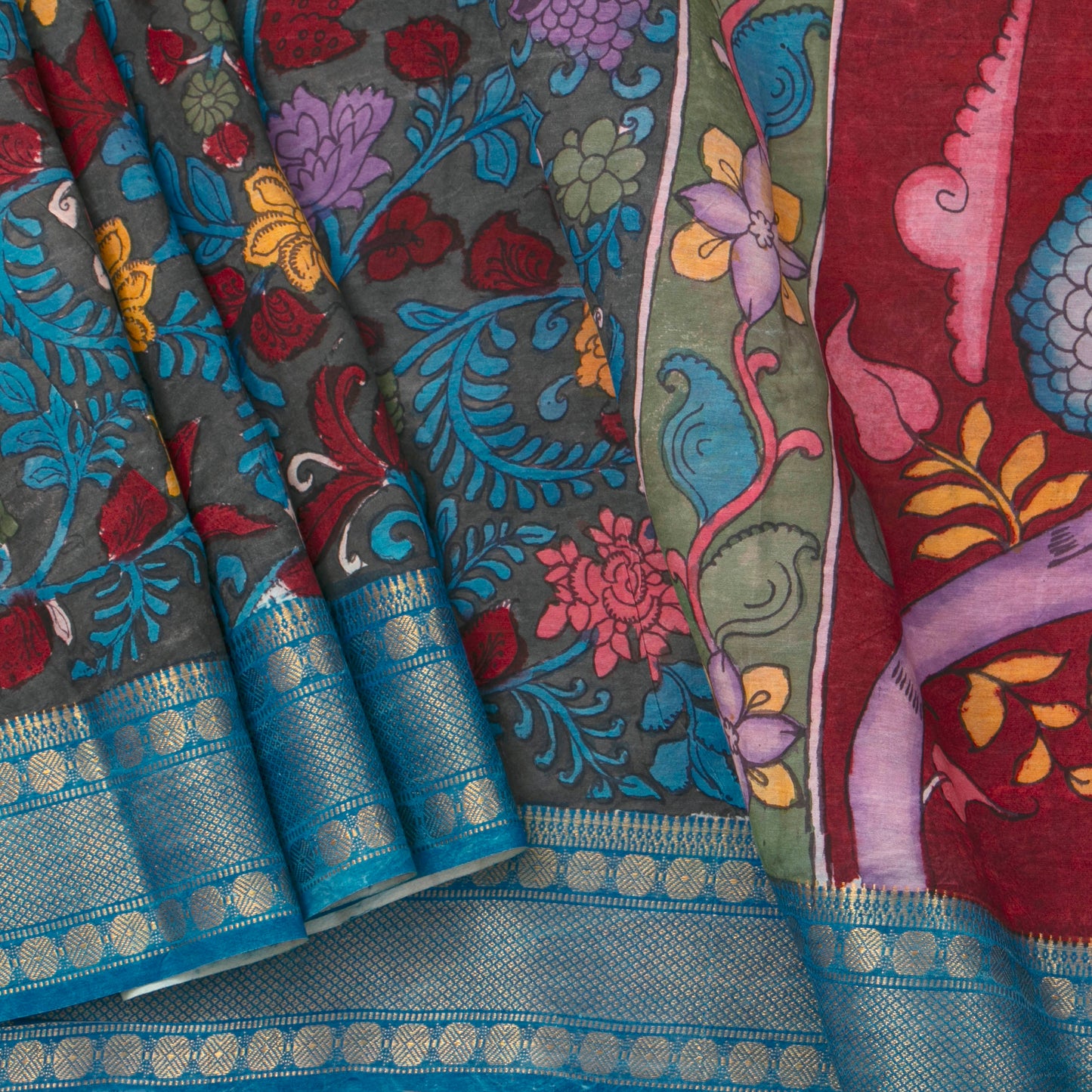 Nandavanam Themed Dark Green And Blue Handpainted Kalamkari Mangalgiri Silk Saree For Festive Wear PK MS 78