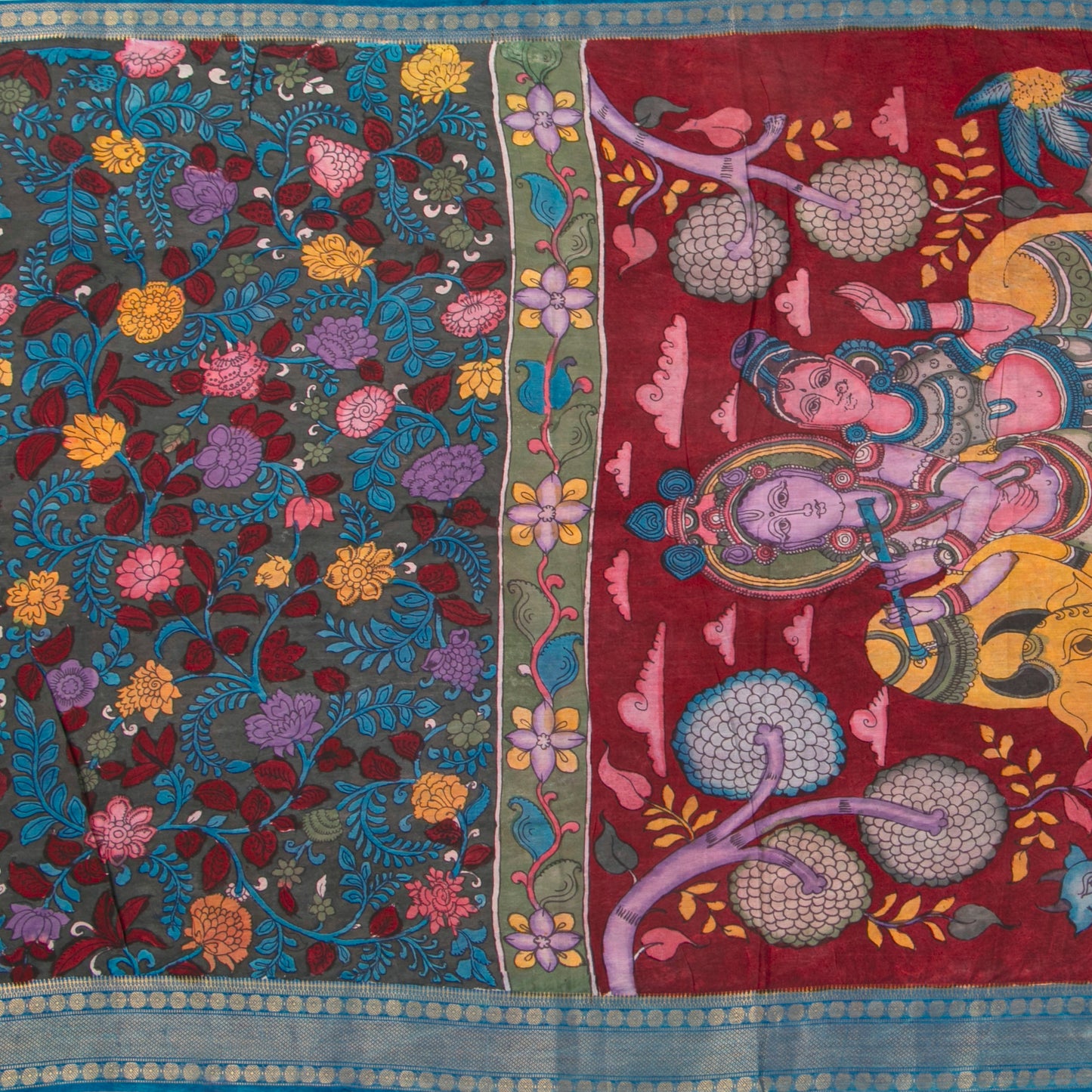 Nandavanam Themed Dark Green And Blue Handpainted Kalamkari Mangalgiri Silk Saree For Festive Wear PK MS 78