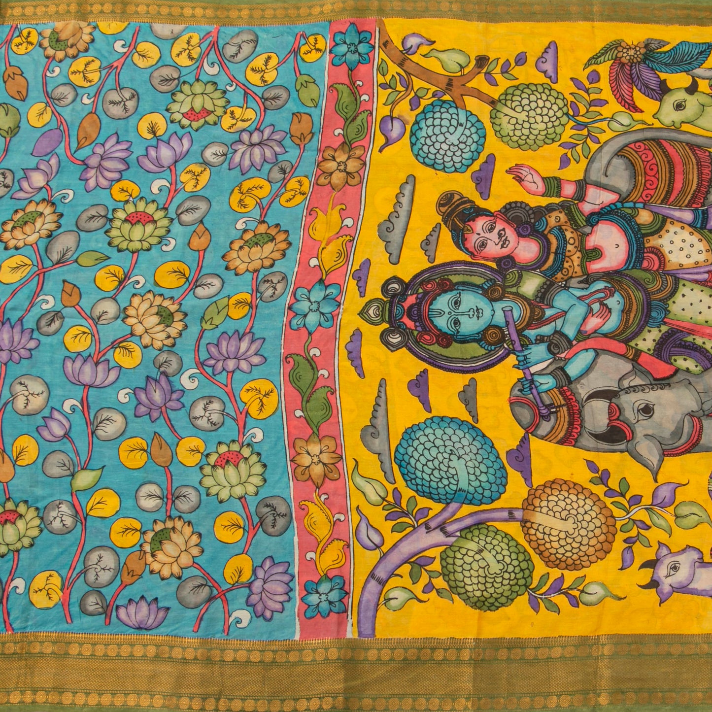 `Blue And Yellow Handpainted Kalamkari Mangalgiri Silk Saree With Krishna Leela Theme PK MS 79