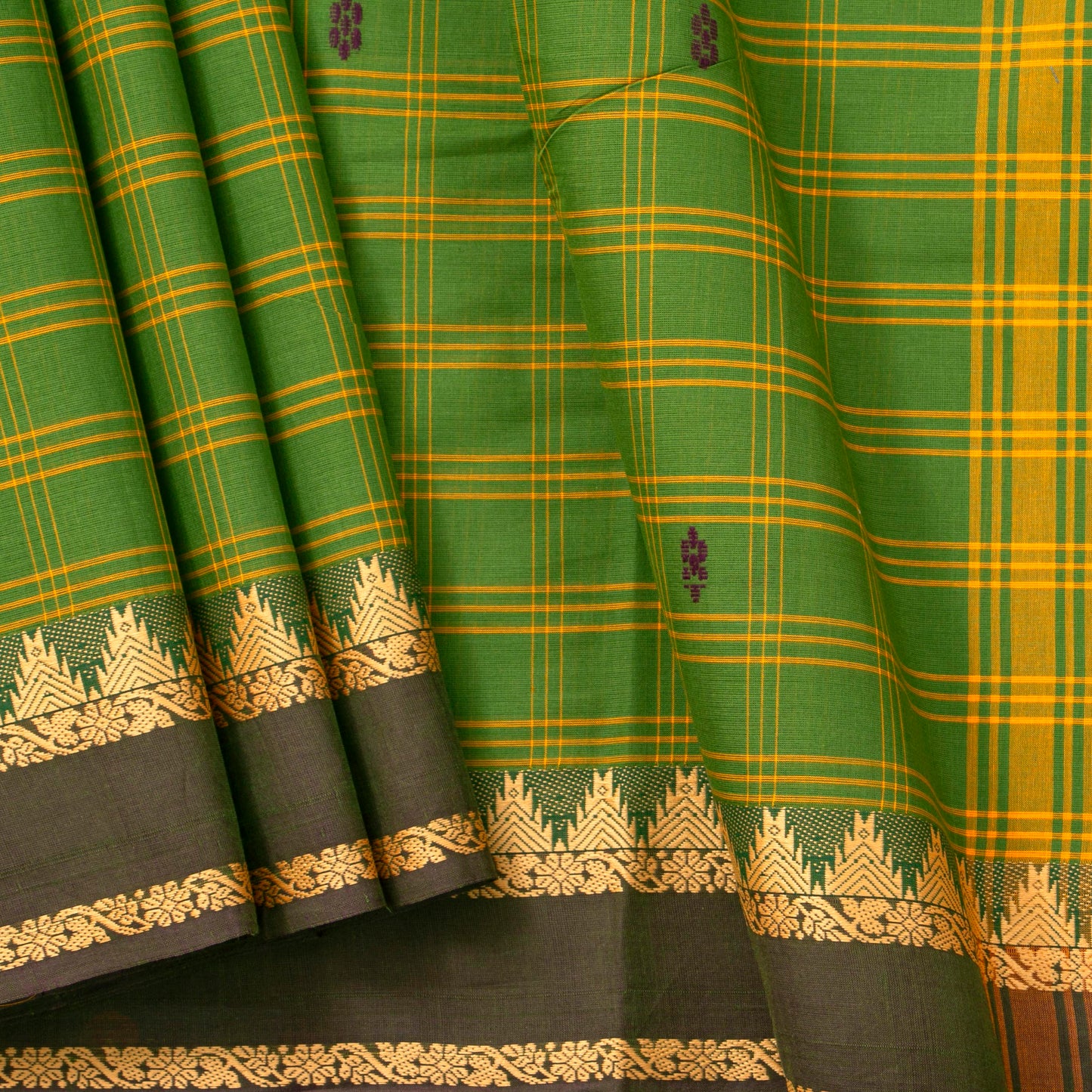 Green And Brown Handwoven Chettinad Cotton Saree With ZARI For Summer Wear PV SK CC 255