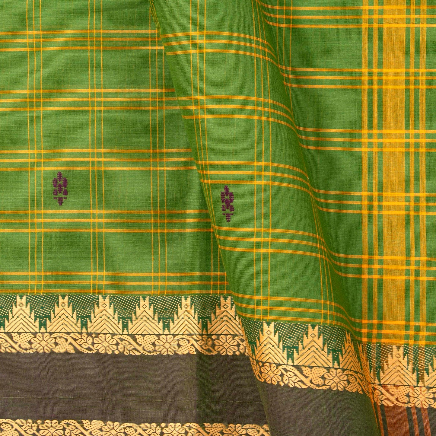 Green And Brown Handwoven Chettinad Cotton Saree With ZARI For Summer Wear PV SK CC 255