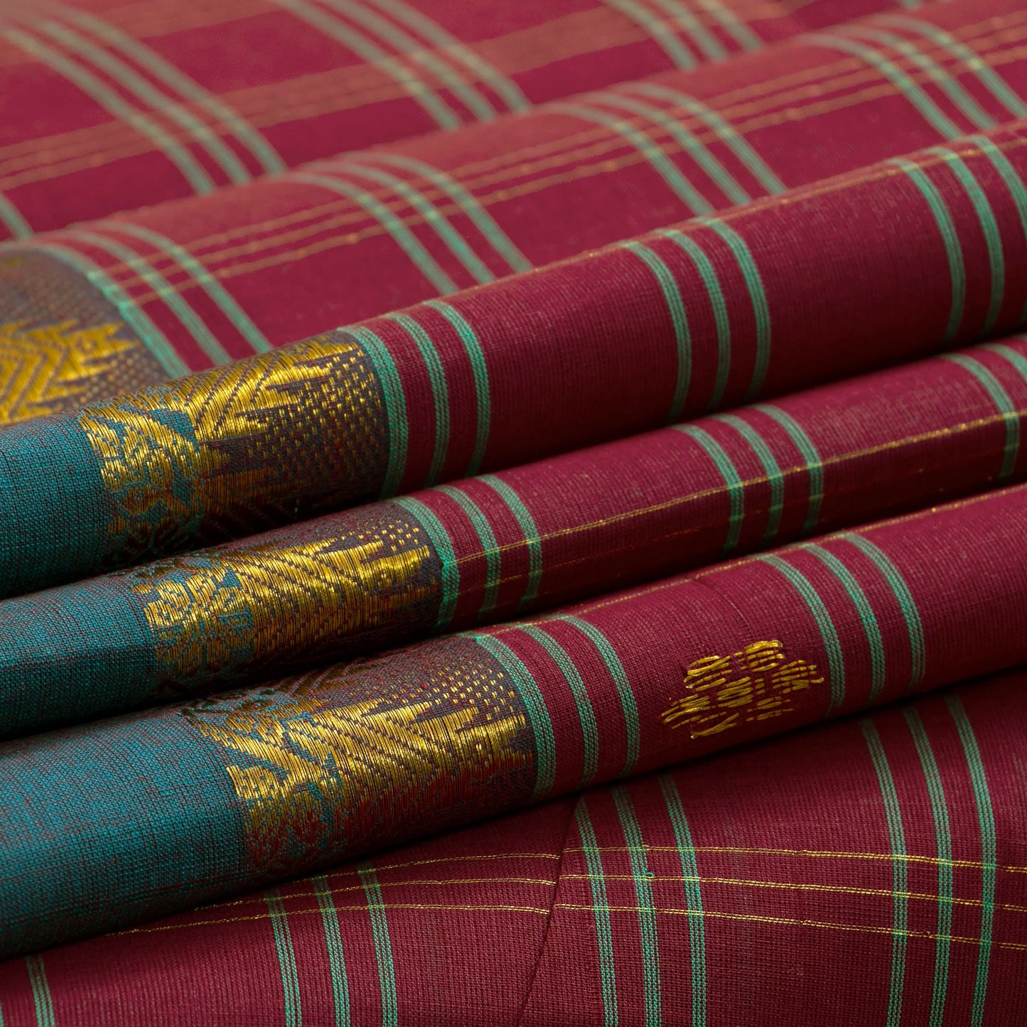 Maroon And Sea Green Handwoven Chettinad Cotton Saree With Zari Border For Summer Wear PV SK CC 257