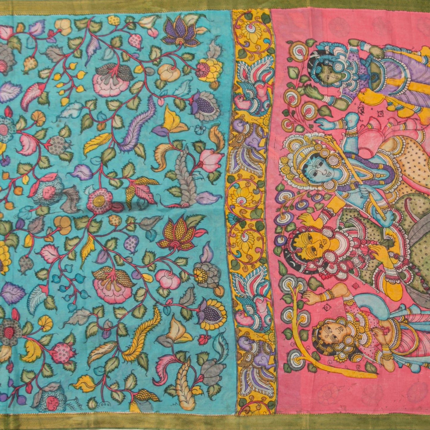 Sky Blue And Green Handpainted Kalamkari Mangalgiri Silk Saree With Zari Border PK MS 74