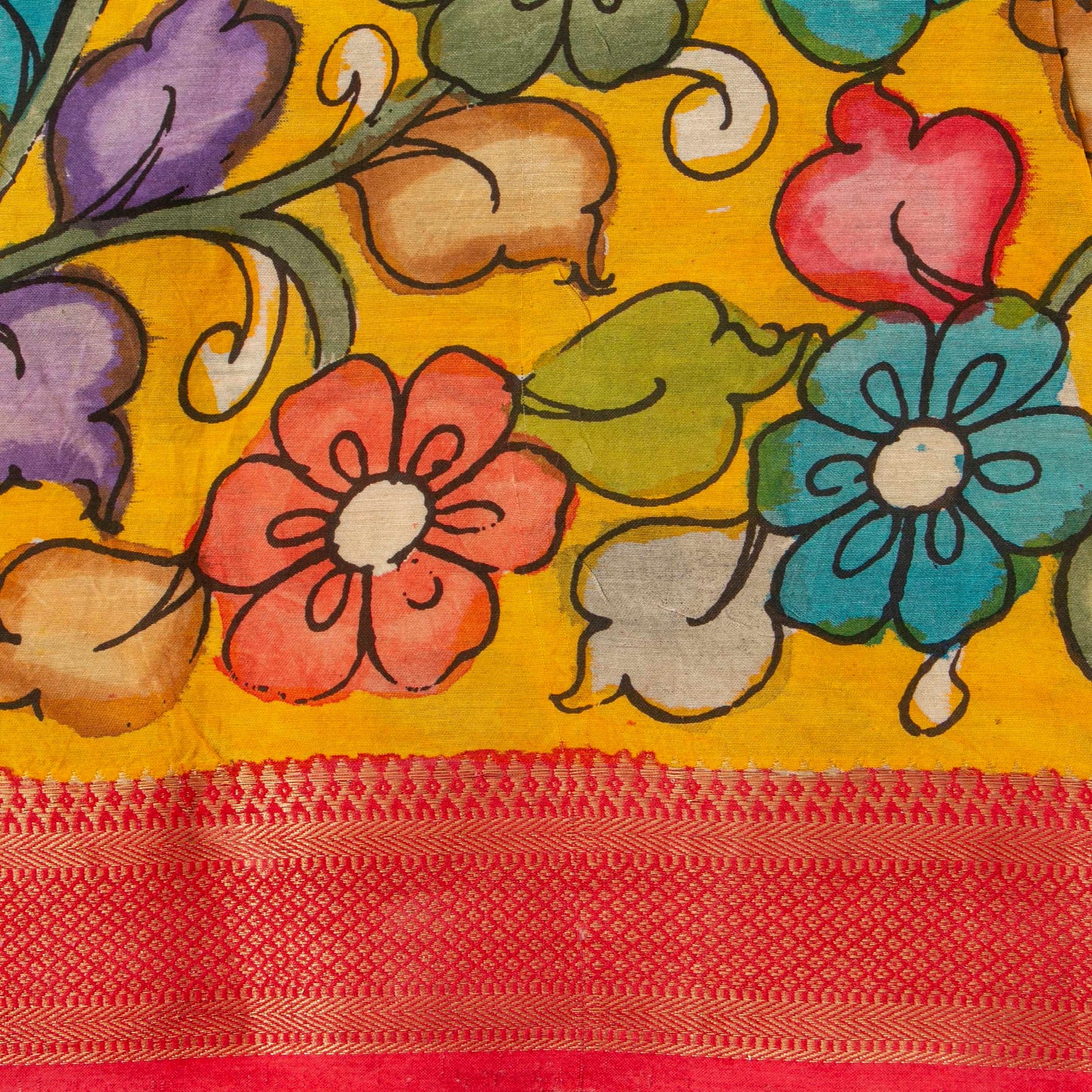 Blue And Pink Handpainted Kalamkari Mangalgiri Silk Saree With Zari Border For Festive Wear PK MS 73
