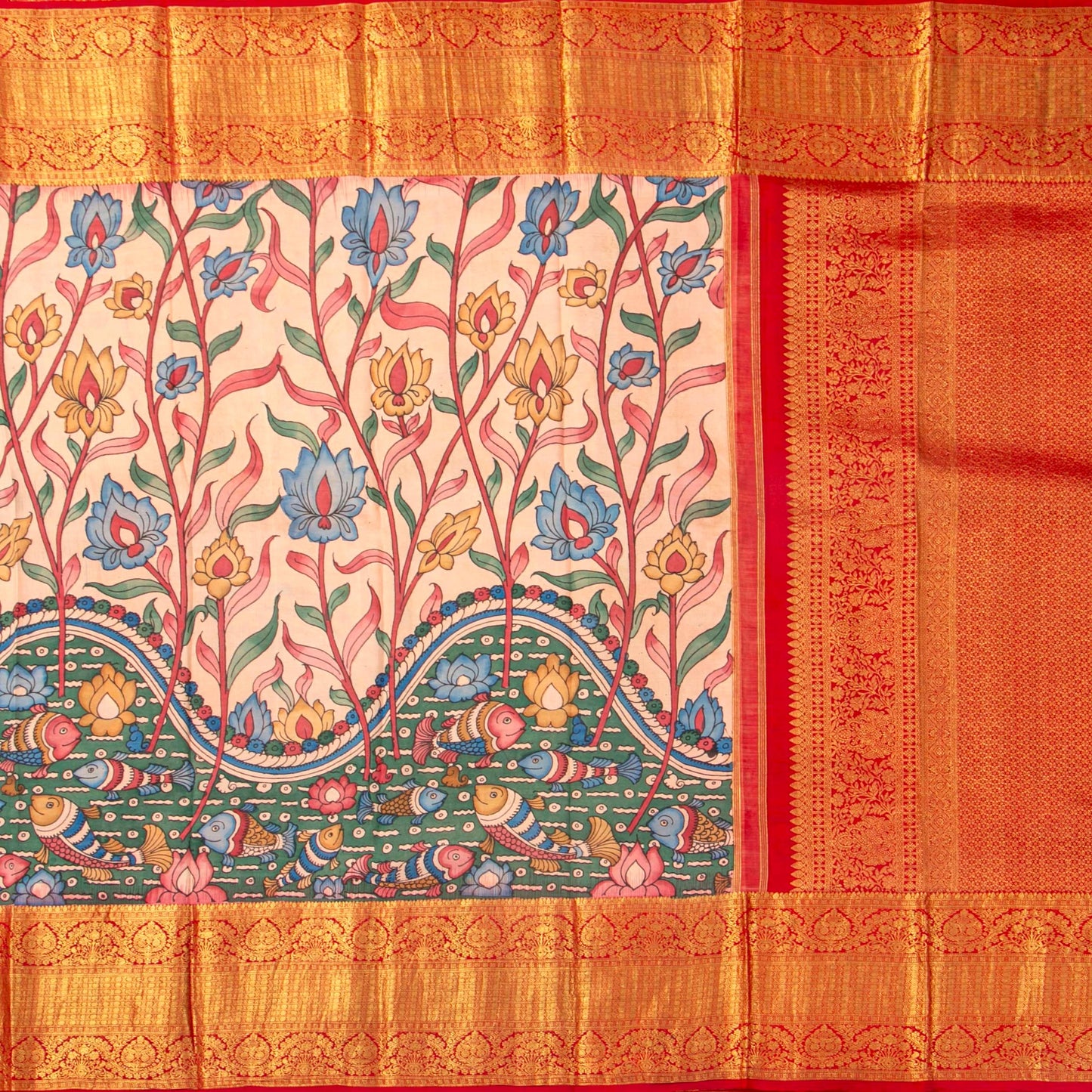 Pastel Pink And Red Handpainted Kalamkari Kanchipuram Silk Saree For Festive Wear SRK KK 110