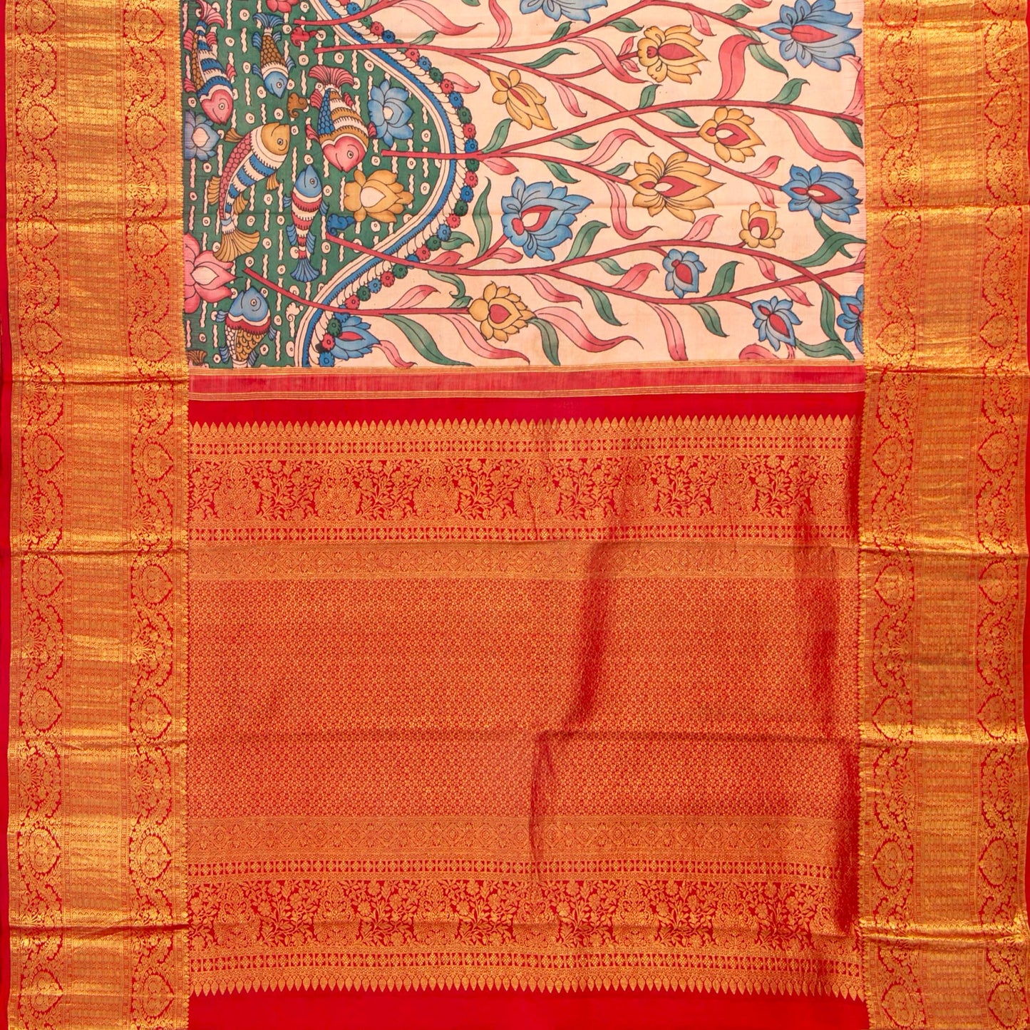 Pastel Pink And Red Handpainted Kalamkari Kanchipuram Silk Saree For Festive Wear SRK KK 110