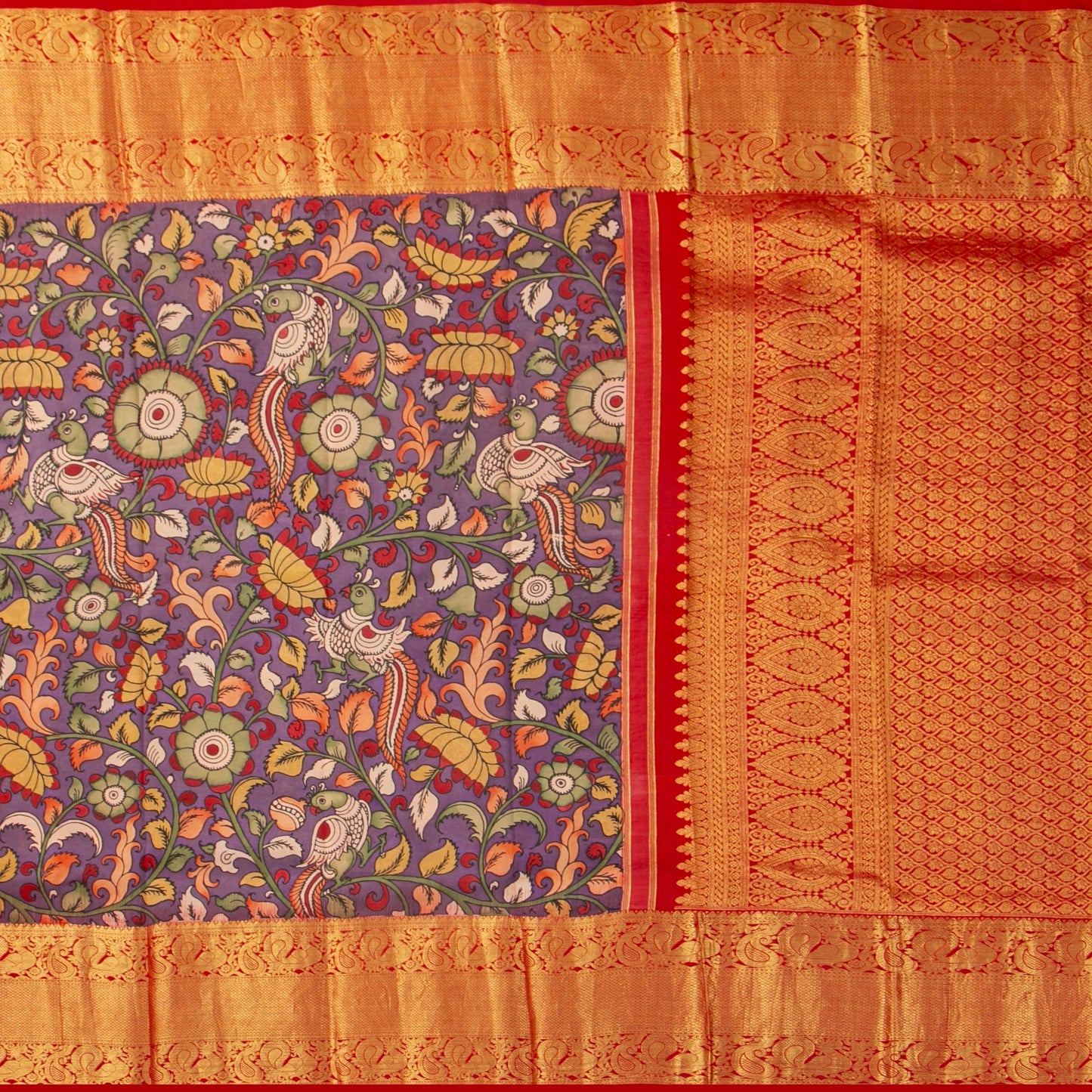 Mauve And Red Handpainted Kalamkari Kanchipuram Silk Saree For Festive Wear SRK KK 106