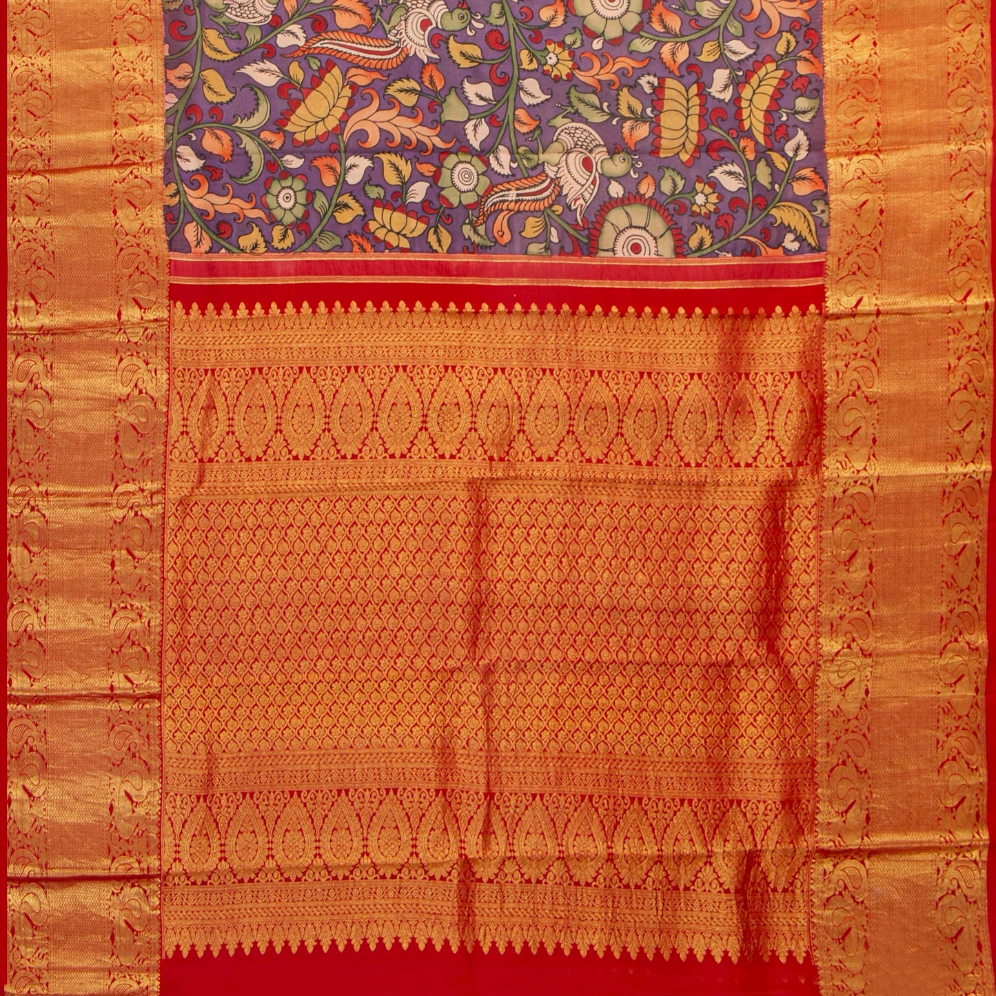 Mauve And Red Handpainted Kalamkari Kanchipuram Silk Saree For Festive Wear SRK KK 106