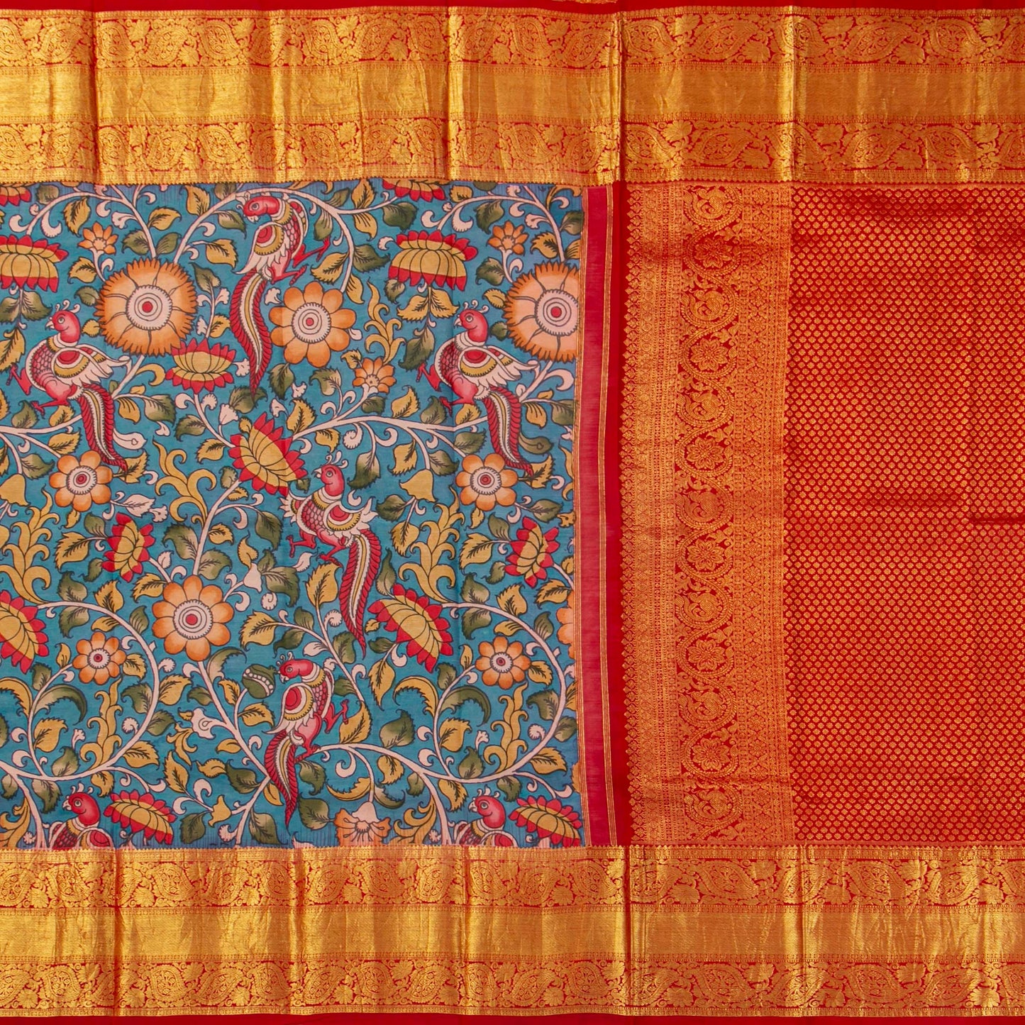 Blue And Red Handpainted Kalamkari Kanchipuram Silk Saree For Festive Wear SRK KK 108