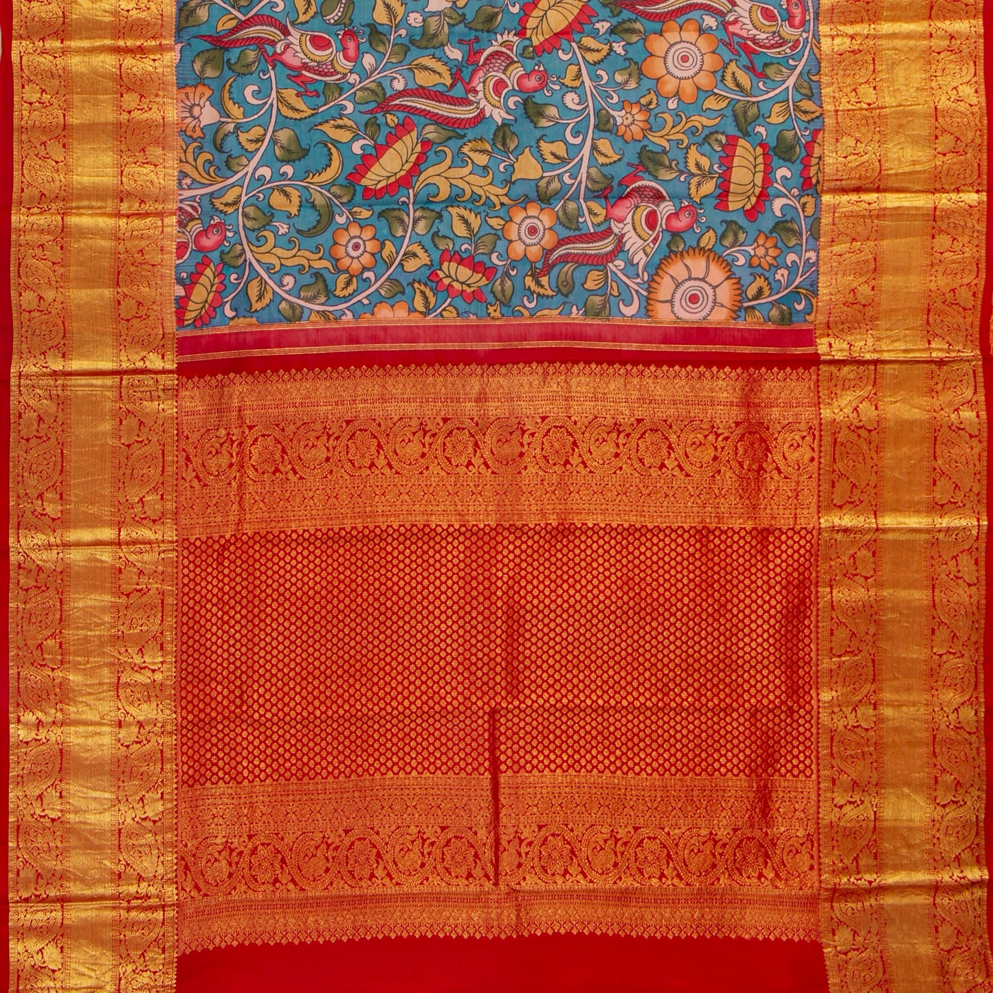 Blue And Red Handpainted Kalamkari Kanchipuram Silk Saree For Festive Wear SRK KK 108
