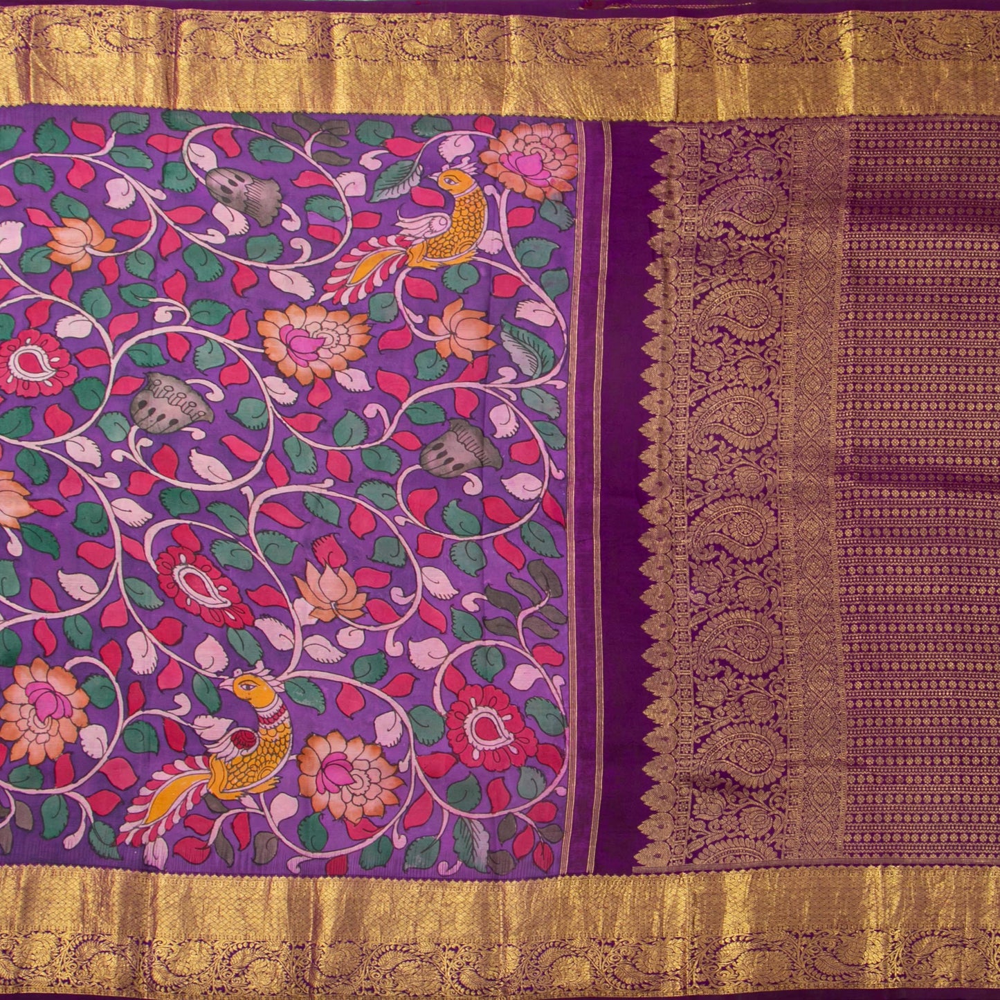 Purple Handpainted Kalamkari Kanchipuram Silk Saree For Festive Wear SRK KK 109