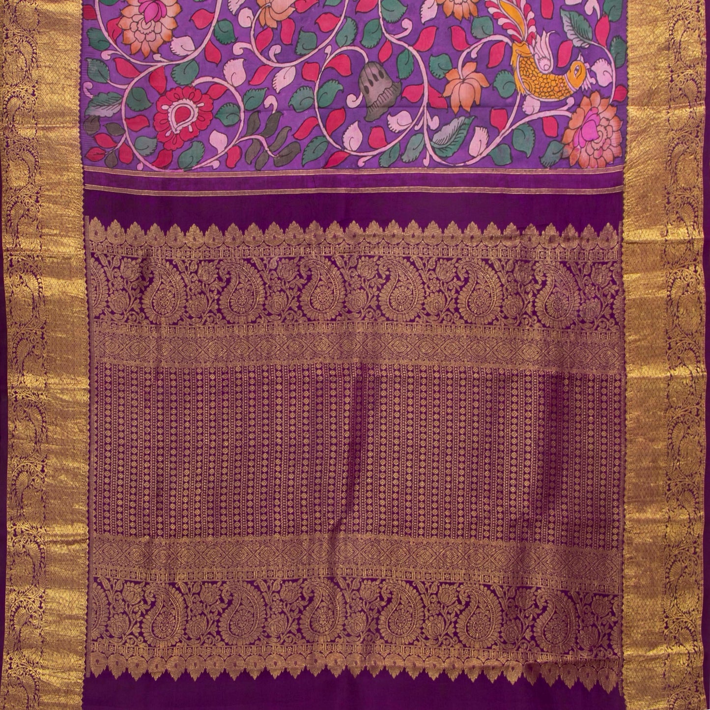 Purple Handpainted Kalamkari Kanchipuram Silk Saree For Festive Wear SRK KK 109