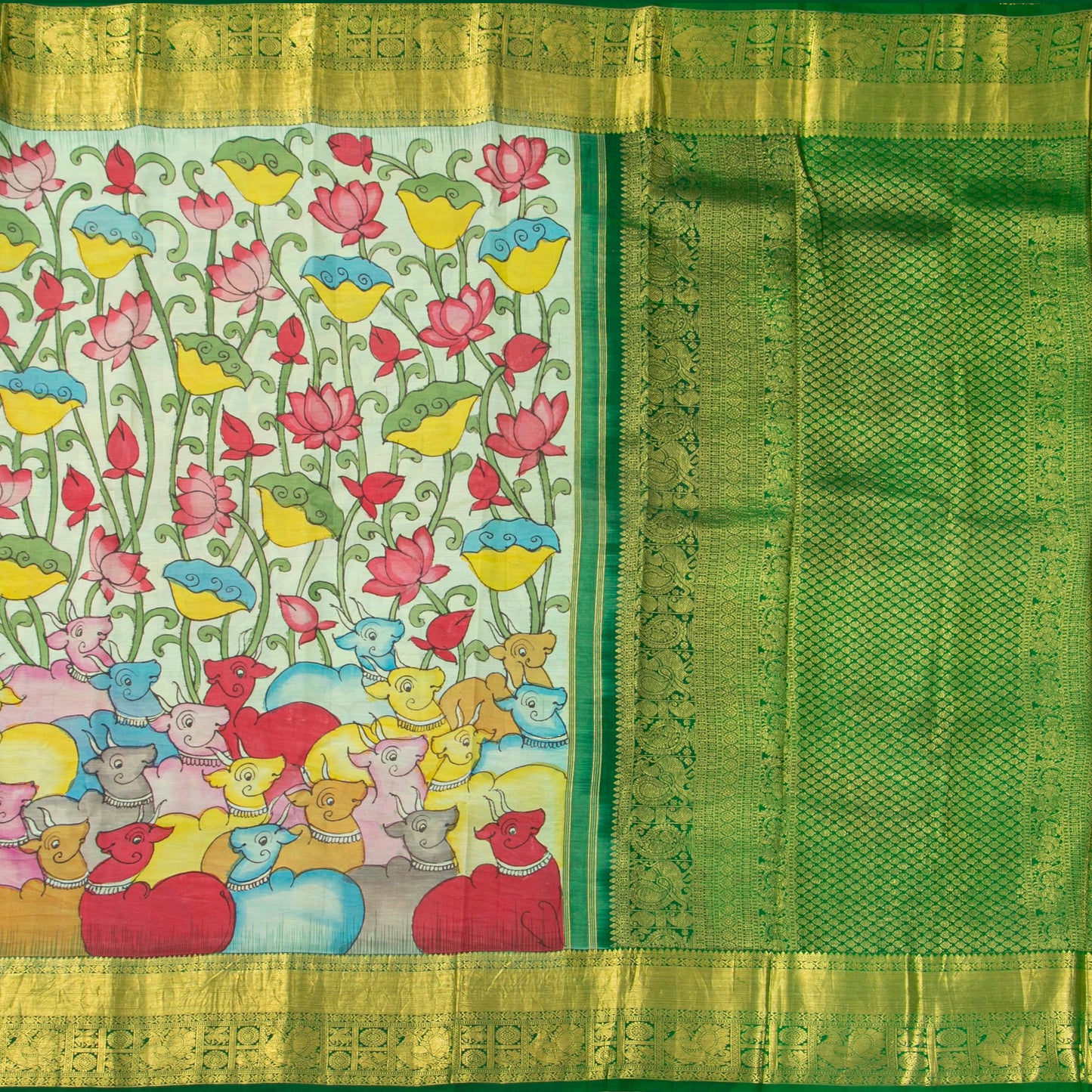 Aqua Blue And Green Handpainted Kalamkari Kanchipuram Silk Saree For Festive Wear SRK KK 107
