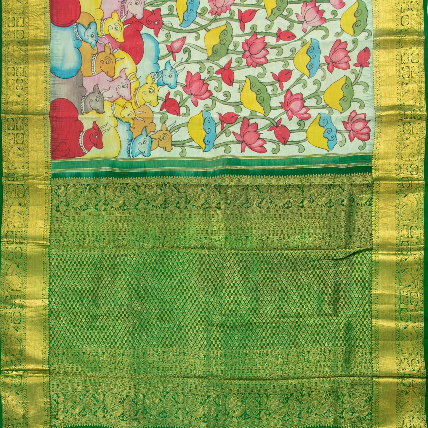 Aqua Blue And Green Handpainted Kalamkari Kanchipuram Silk Saree For Festive Wear SRK KK 107