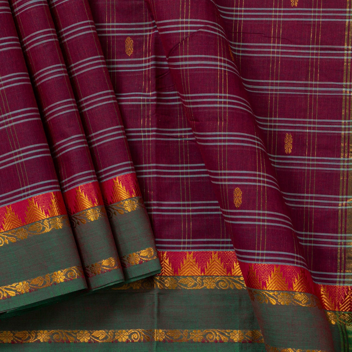 Maroon And Green Chettinad Cotton Saree PV SK CC 260