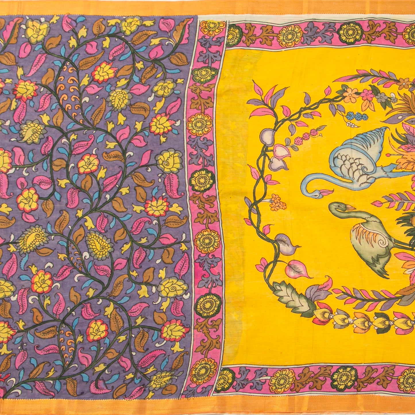 Mauve And Yellow Handpainted Kalamkari Mangalgiri Silk Saree With Zari For Festive Wear PK MS 75