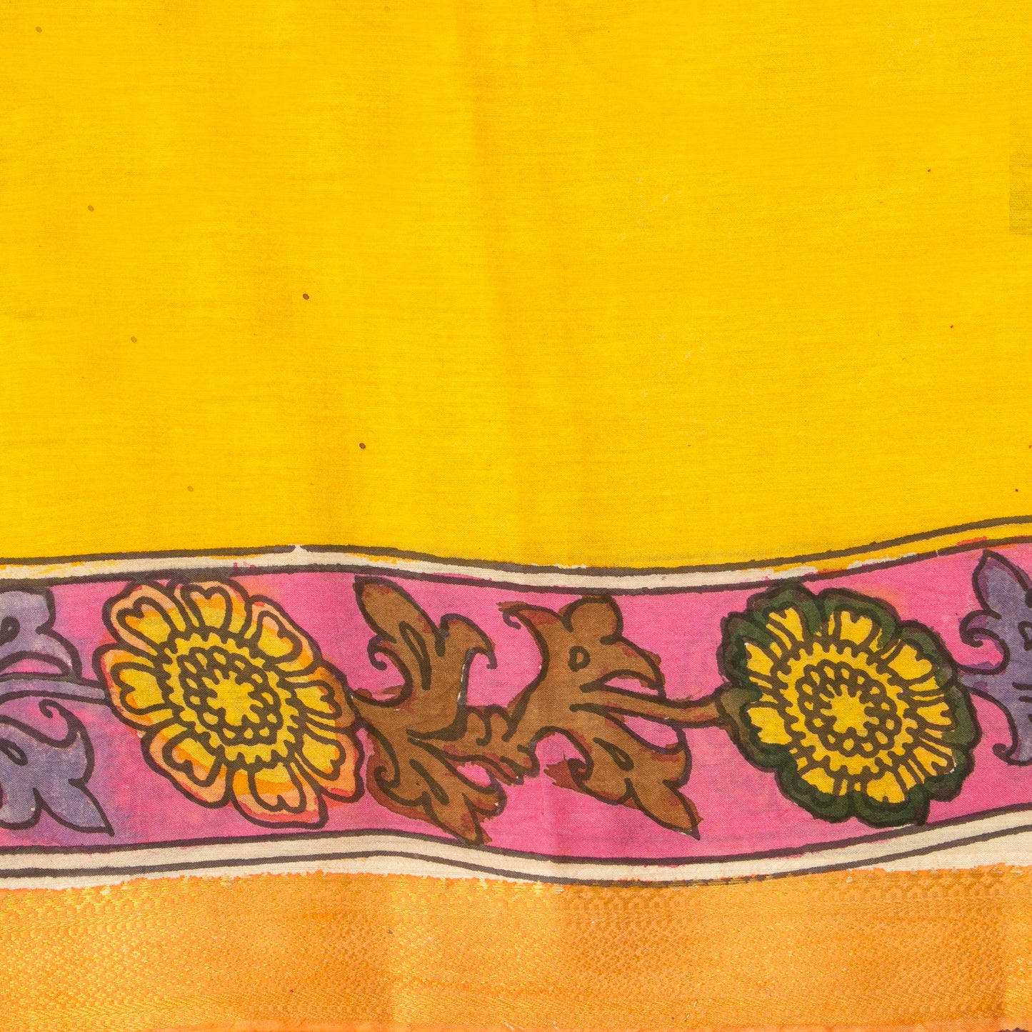 Mauve And Yellow Handpainted Kalamkari Mangalgiri Silk Saree With Zari For Festive Wear PK MS 75