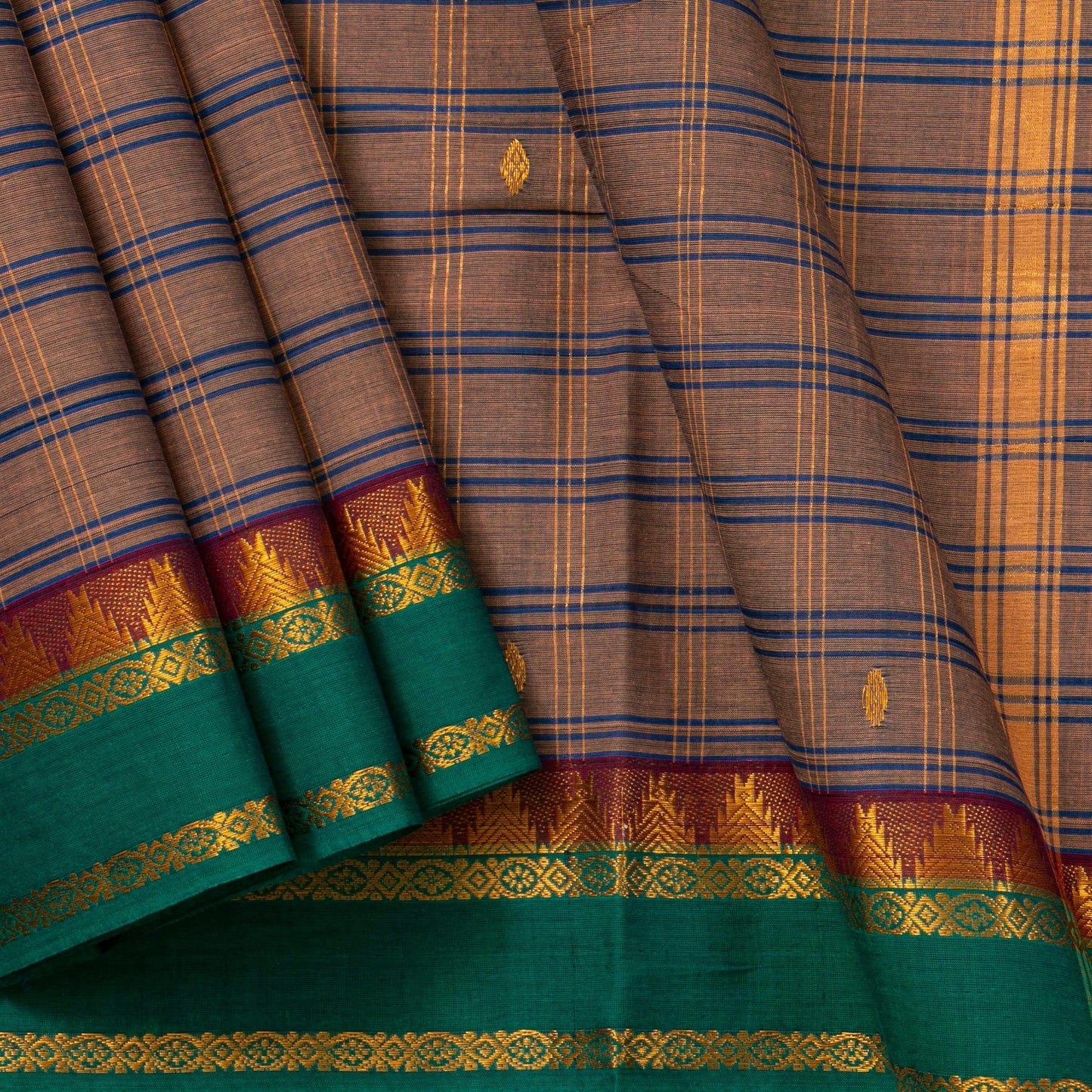 Beige And Green Chettinad Cotton Saree PV SK CC 261
