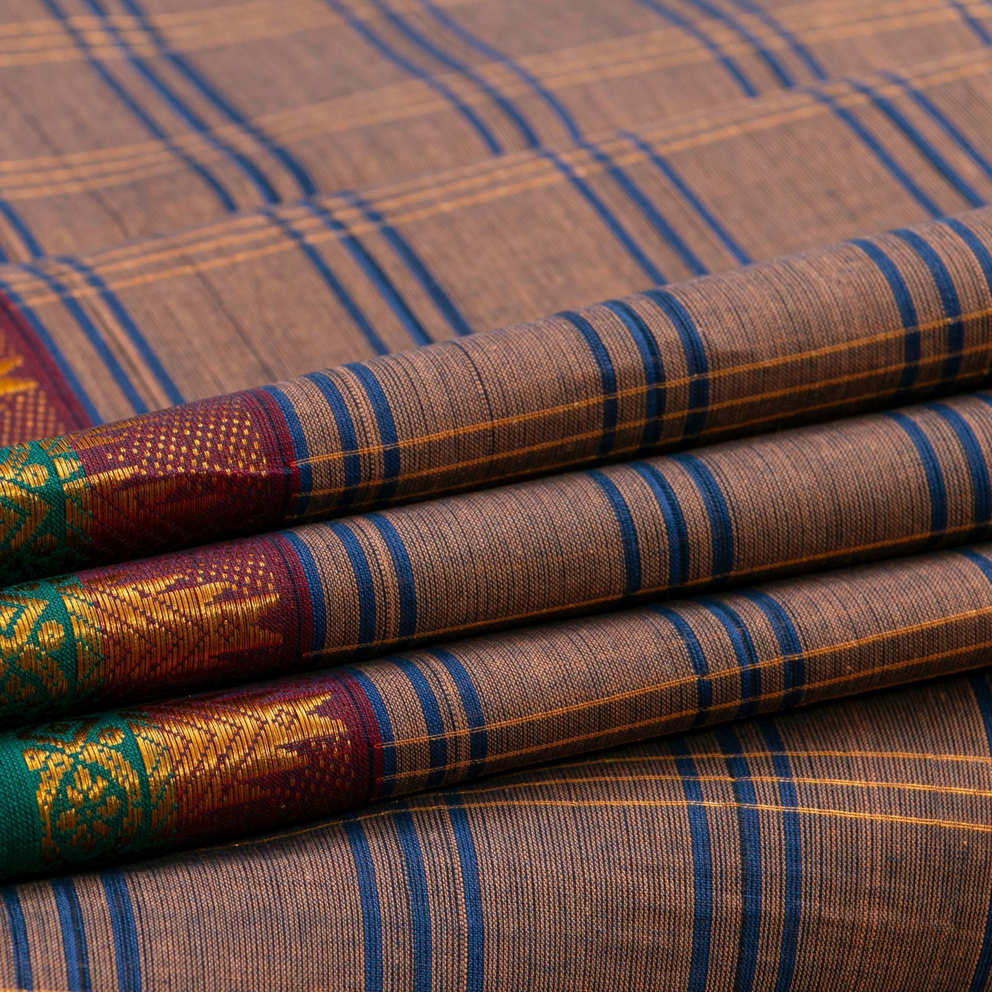 Beige And Green Chettinad Cotton Saree PV SK CC 261