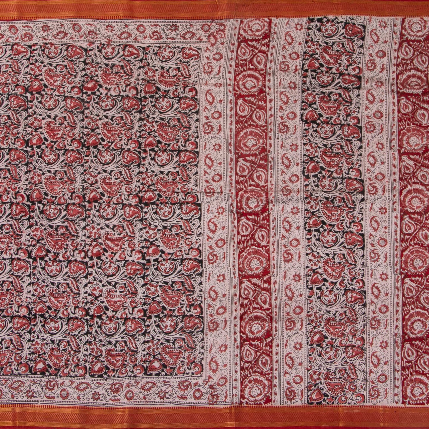 Black And Red Kalamkari Mangalgiri Silk Saree With Zari Border For Office Wear PV MG 110