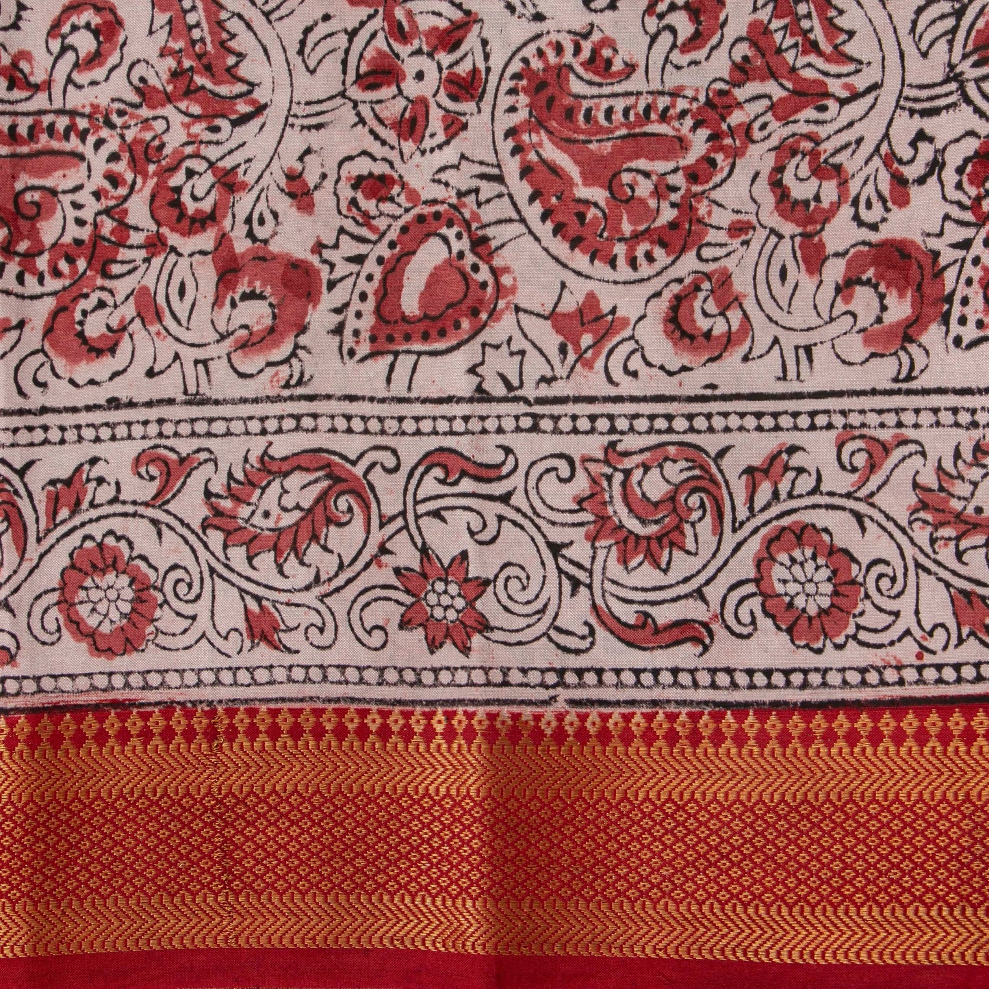 Black And Red Kalamkari Mangalgiri Silk Saree With Zari Border For Office Wear PV MG 110