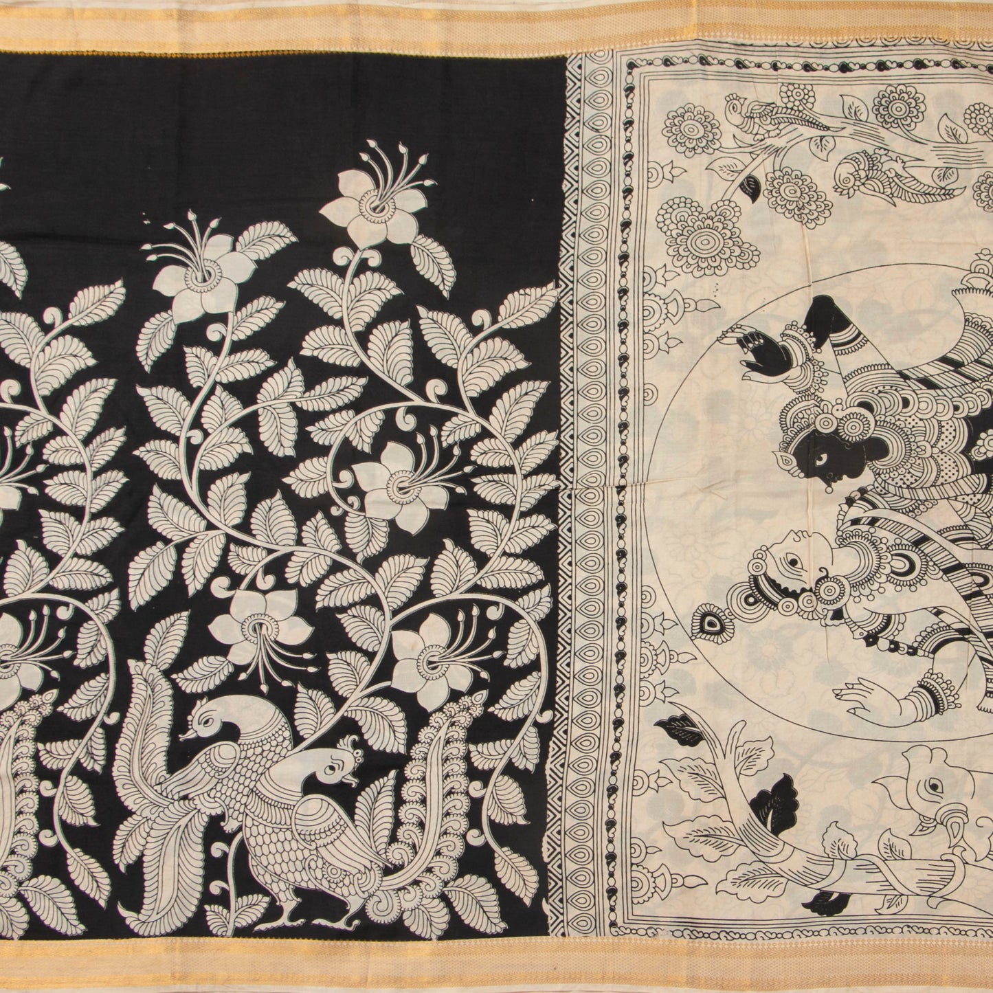 Monochrome Kalamkari Mangalgiri Silk Saree For Office Wear PV MG 107