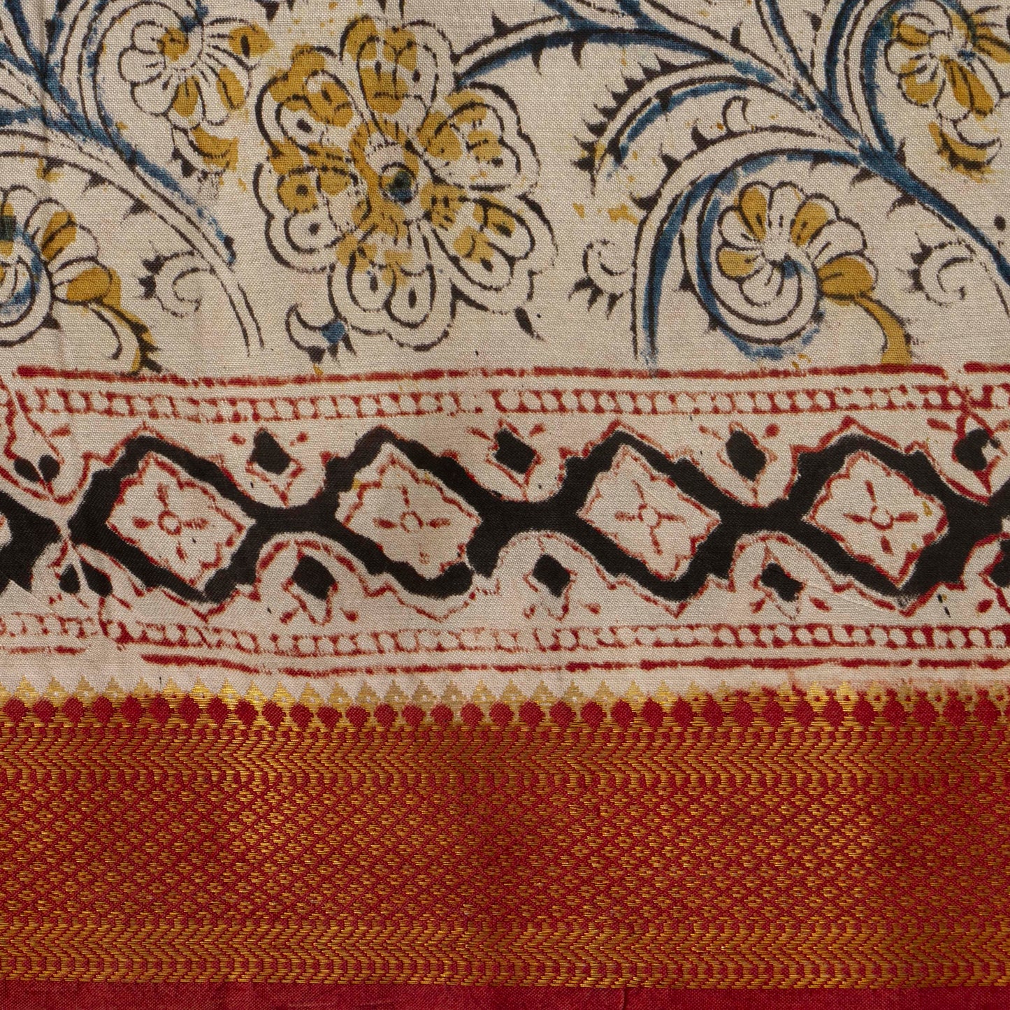 Black Kalamkari Mangalgiri Silk Saree With Zari Border For Office Wear PV MG 106