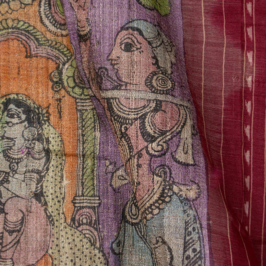 Mauve Handpainted Kalamkari Gicha Tussar Silk Saree With Wedding Theme For Office Wear PTK VSR 140