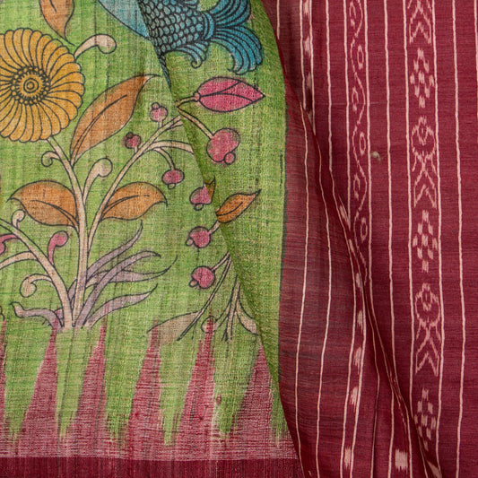 Green Handpainted Kalamkari Gicha Tussar Silk Saree For Party Wear PTK VSR 142 - Kalamkari Silk - Panjavarnam PTK VSR 142