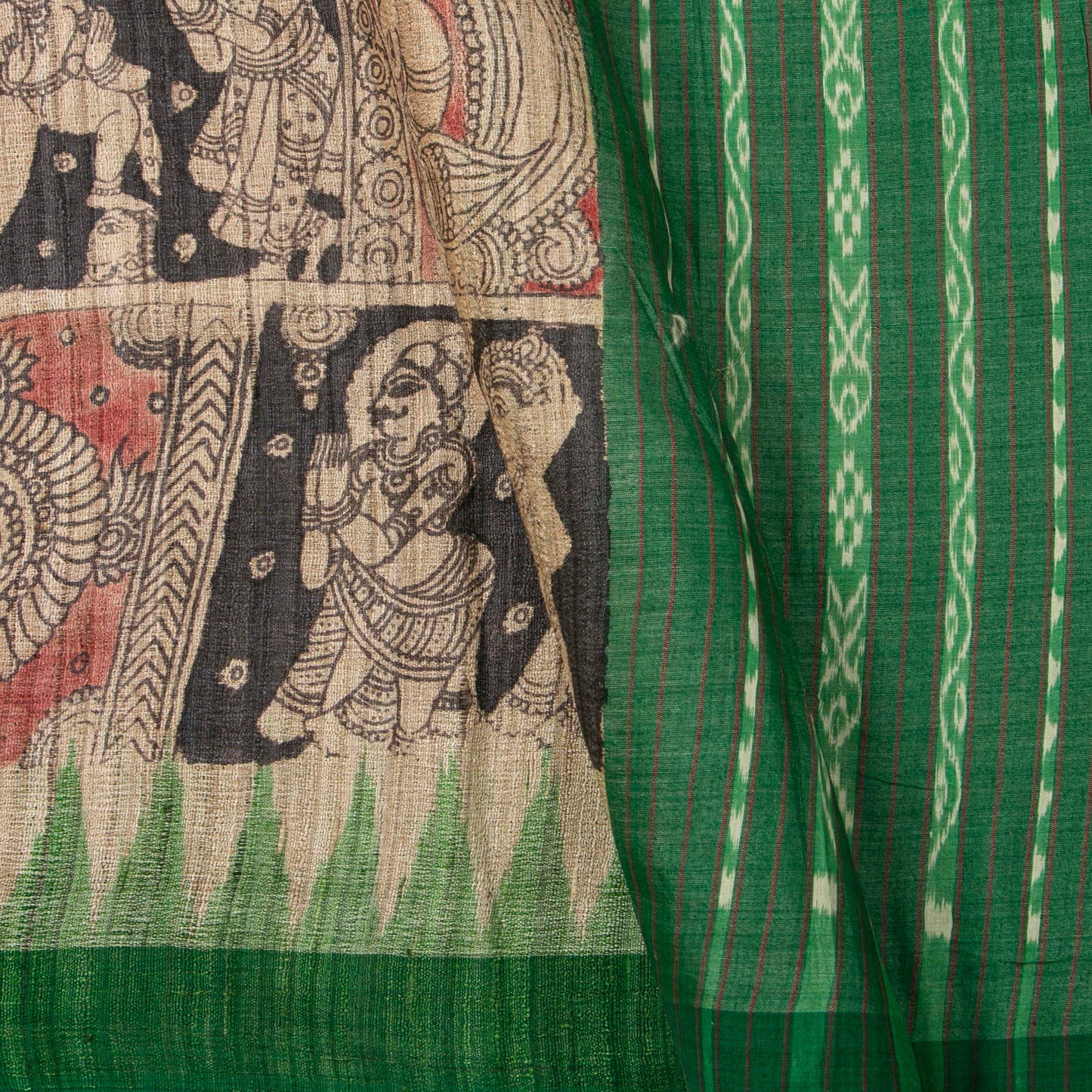 Beige, Maroon And Green Handpainted Kalamkari Gicha Tussar Silk Saree In Dasavatharam Theme For Festive Wear PTK VSR 138