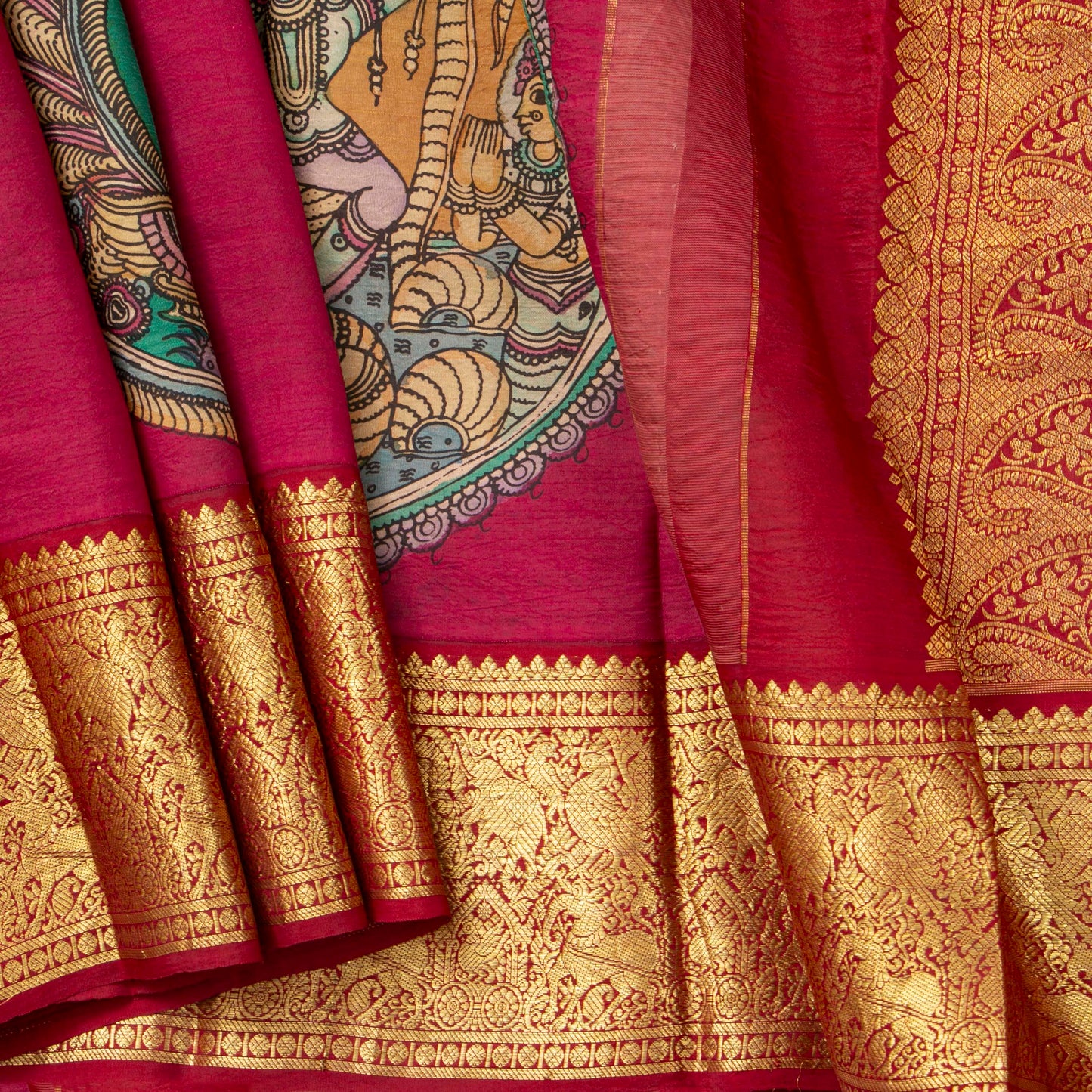 Red Handpainted Kalamkari Kanchipuram Silk Saree With Krishna Leela Theme And Ganga Jamuna Border For Festive Wear VSR KK 107