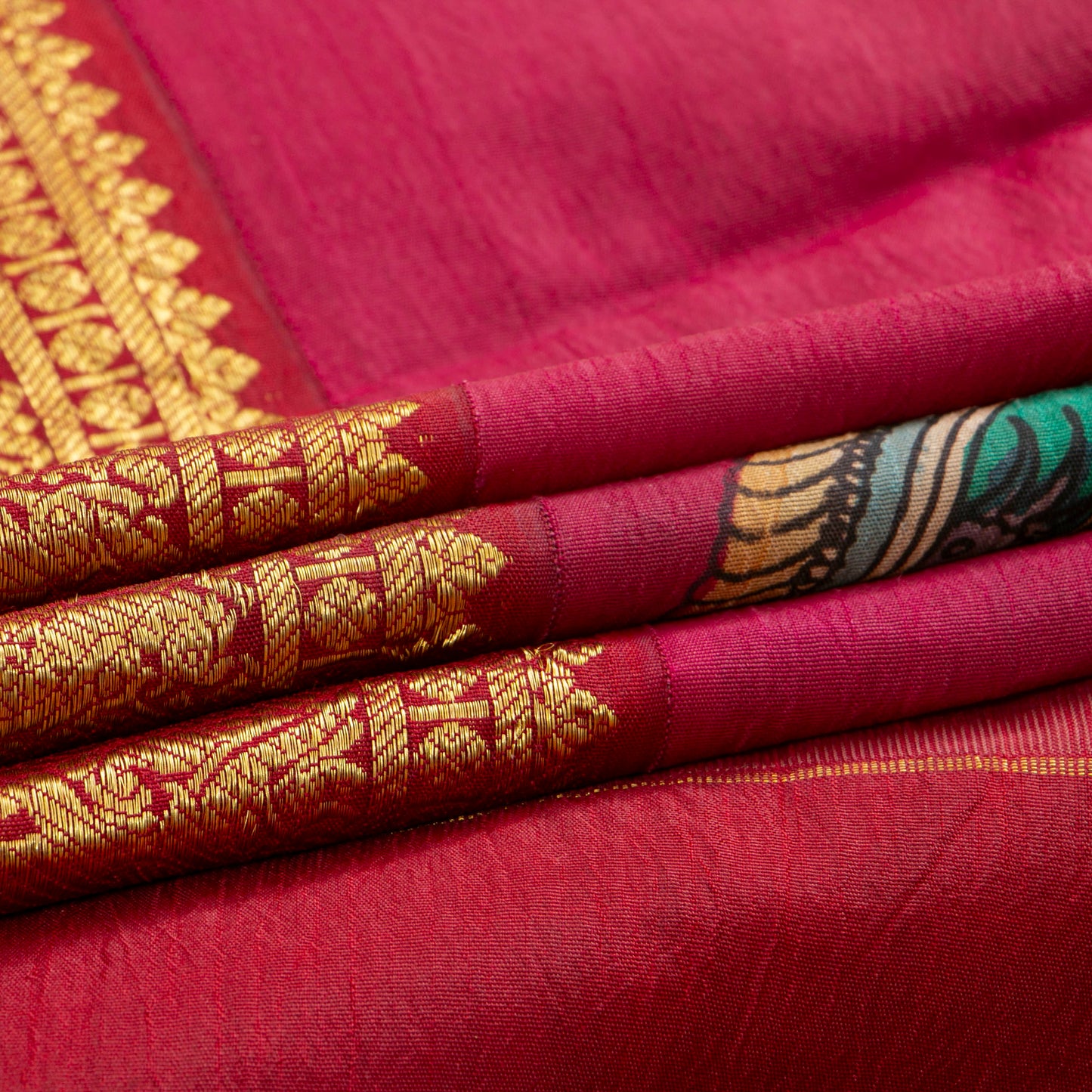 Red Handpainted Kalamkari Kanchipuram Silk Saree With Krishna Leela Theme And Ganga Jamuna Border For Festive Wear VSR KK 107