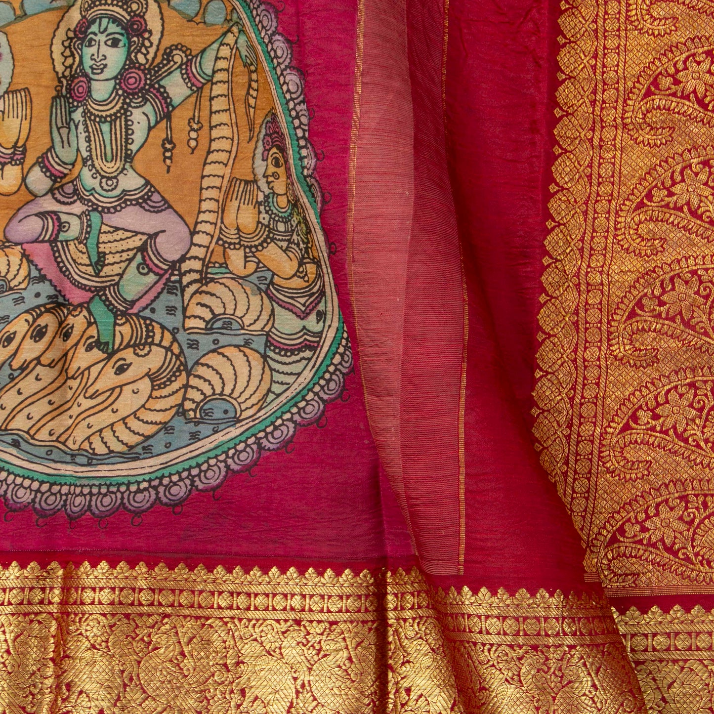Red Handpainted Kalamkari Kanchipuram Silk Saree With Krishna Leela Theme And Ganga Jamuna Border For Festive Wear VSR KK 107