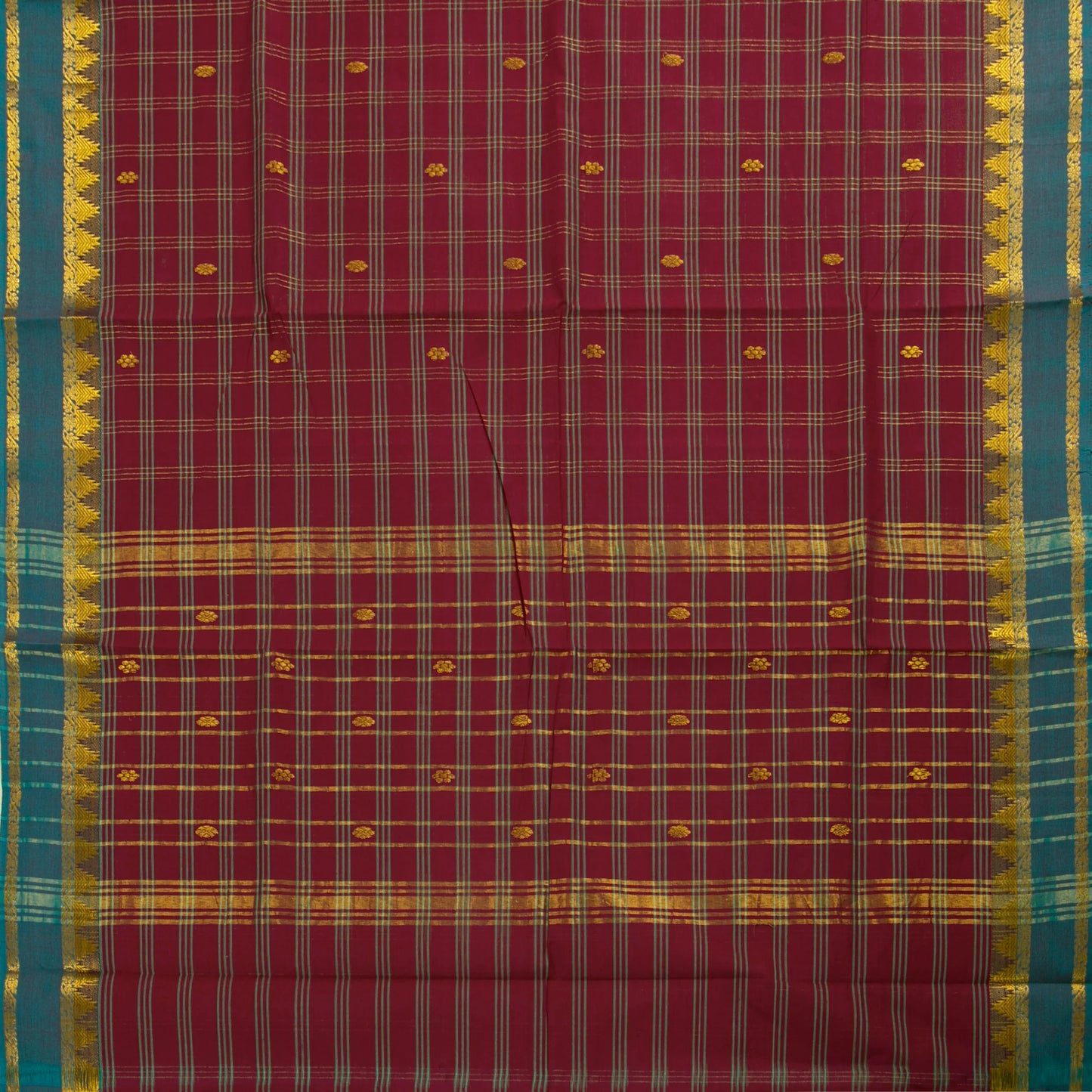 Maroon And Sea Green Handwoven Chettinad Cotton Saree With Zari Border For Summer Wear PV SK CC 257