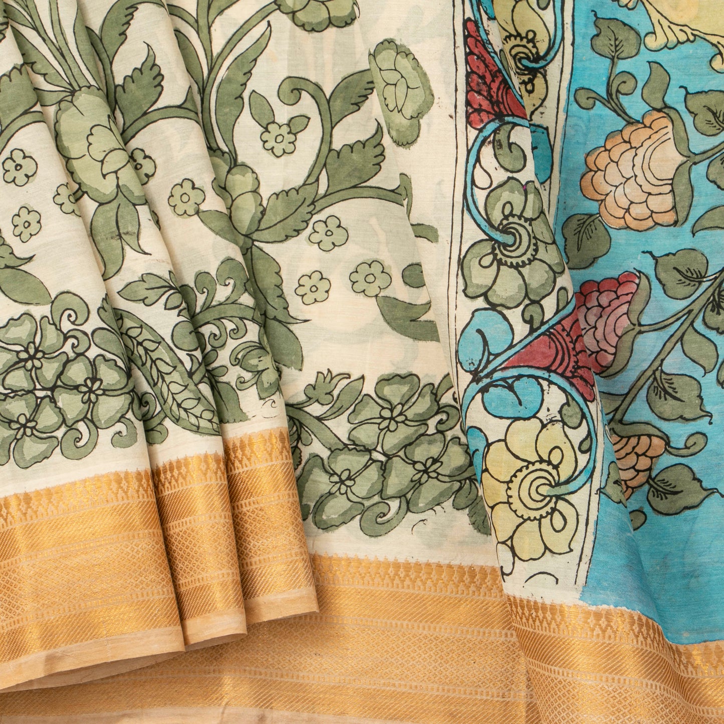 Off White And Blue Handpainted Kalamkari Bangalore Silk Saree With Zari Border For Festive Wear KBS VSR 113