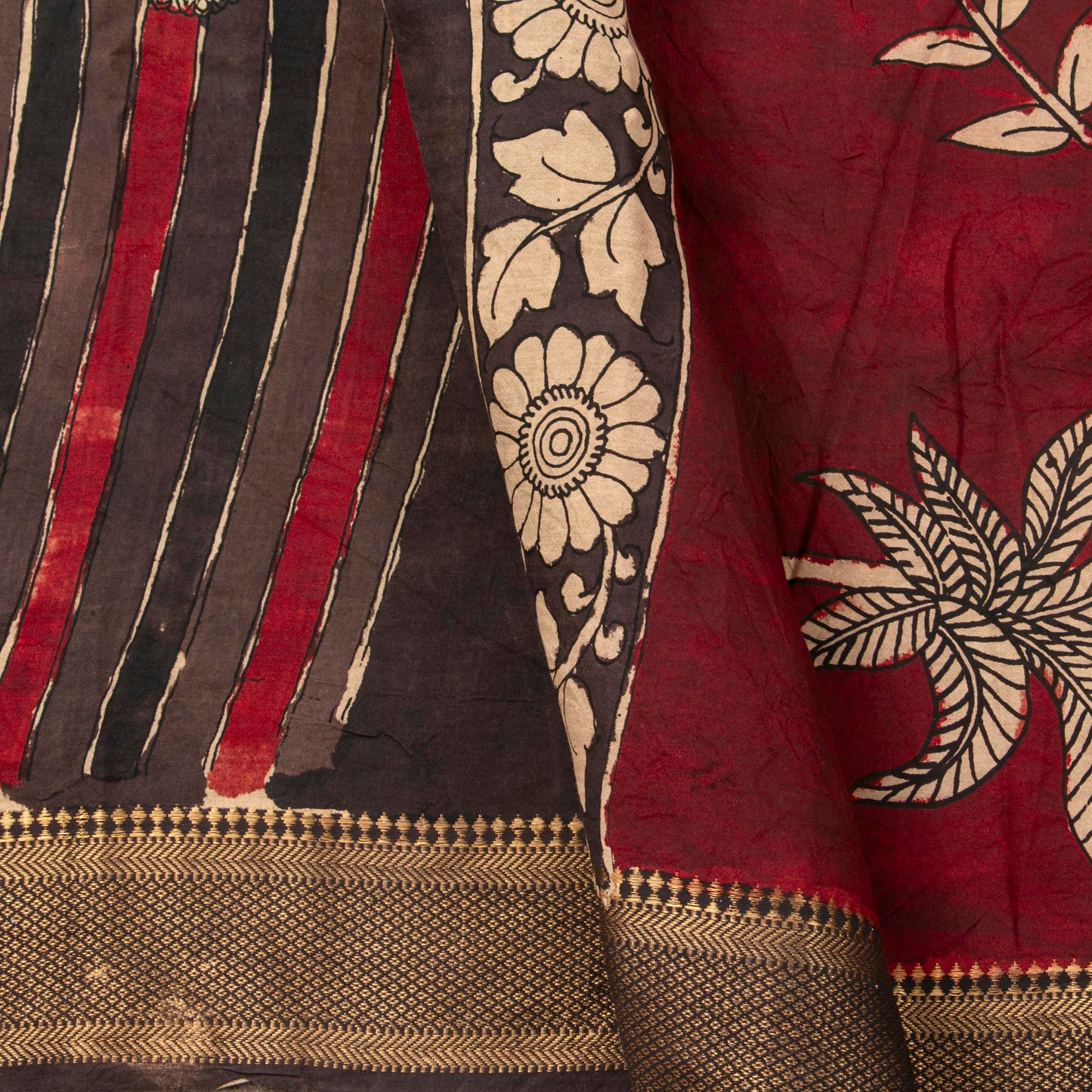 Handpainted Striped Kalamkari Bangalore Silk Saree in Maroon For Party Wear KBS VSR 105