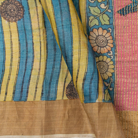 Blue And Green Handpainted Kalamkari Tussare Silk Saree With Zari Border PTK VSR 132 - Kalamkari Silk - Panjavarnam PTK VSR 132