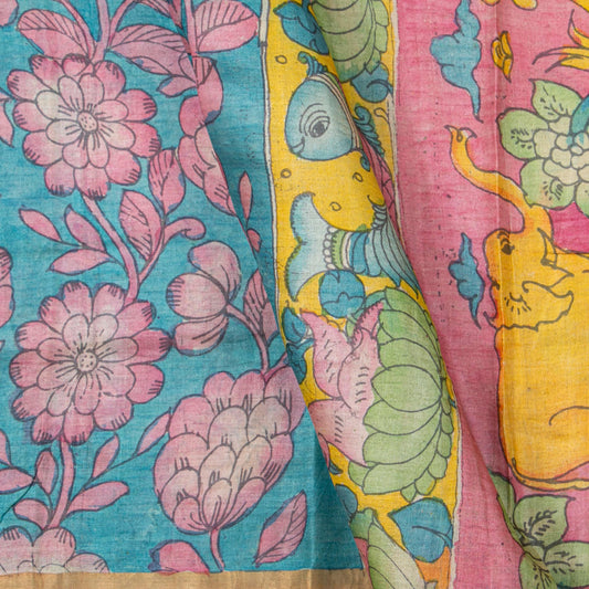 Blue Handpainted Kalamkari Tussar Silk Saree With Zari Border PTK VSR 134 - Kalamkari Silk - Panjavarnam PTK VSR 134