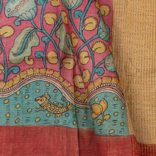 Green Handpainted Kalamkari Tussar Silk Saree With Zari Border PTK VSR 130 - Kalamkari Silk - Panjavarnam PTK VSR 130