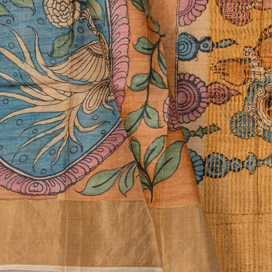 Orange Handpainted Kalamkari Tussare Silk Saree With Zari Border PTK VSR 131