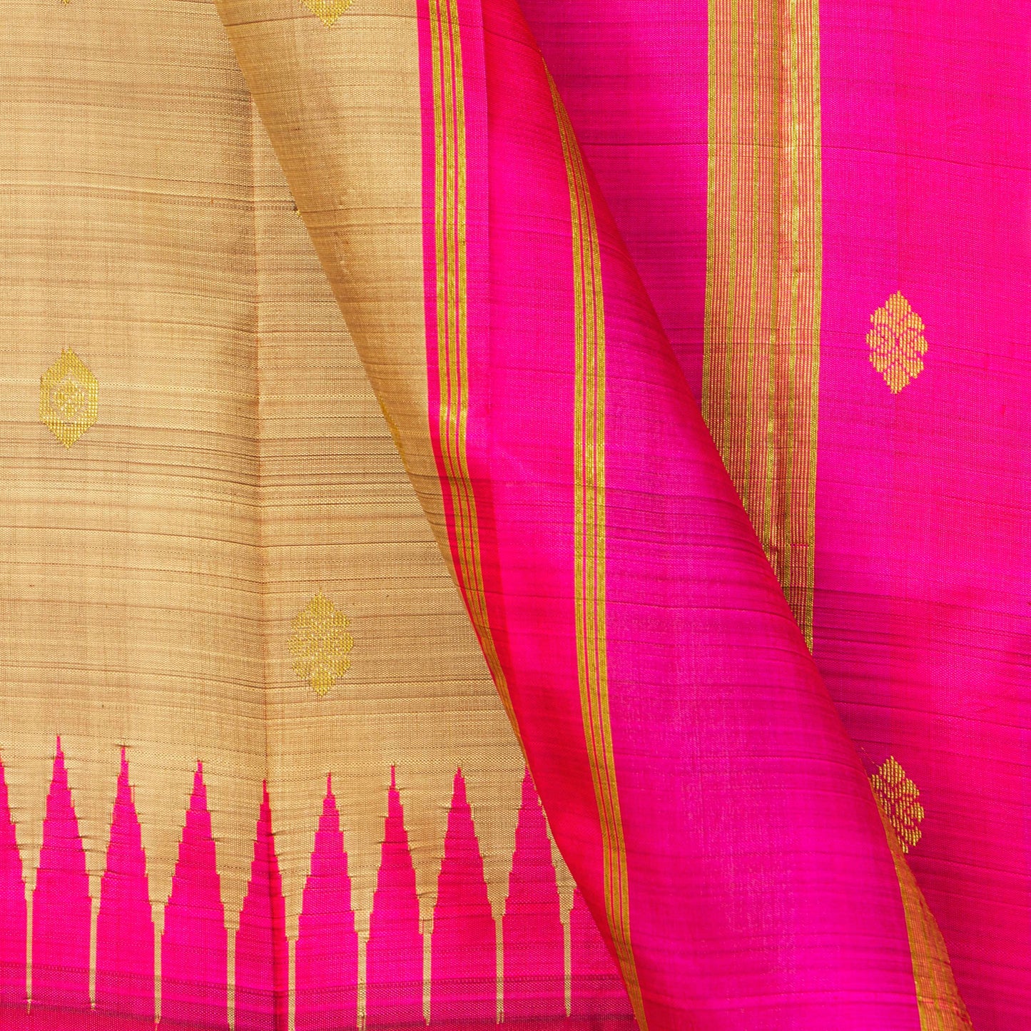 Beige And Pink Thirubuvanam Silk Saree With Thazhampoo Border For Festive Wear PV 2057