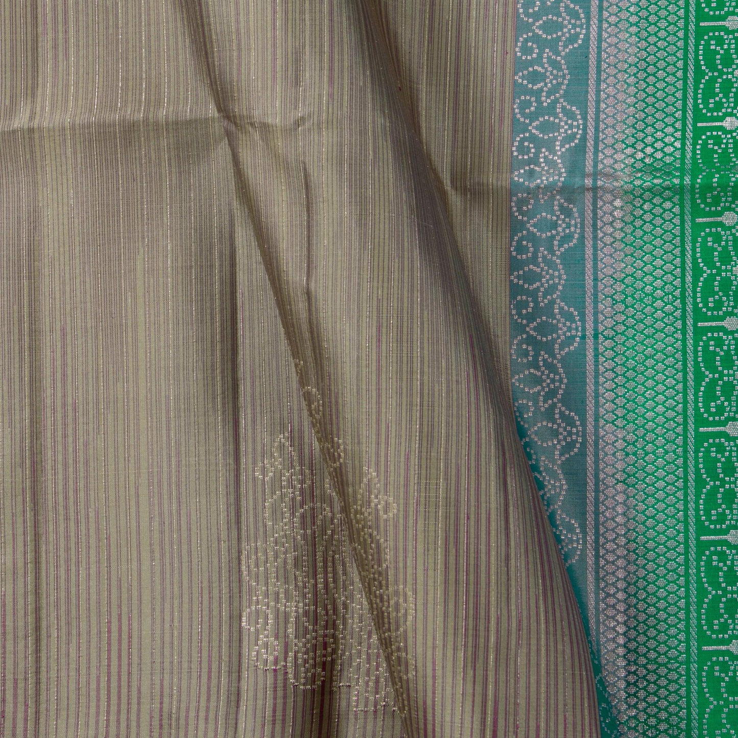 Fawn And Moss Green Handwoven Soft Silk Saree With Silver Zari For Festive Wear PV RSP 205