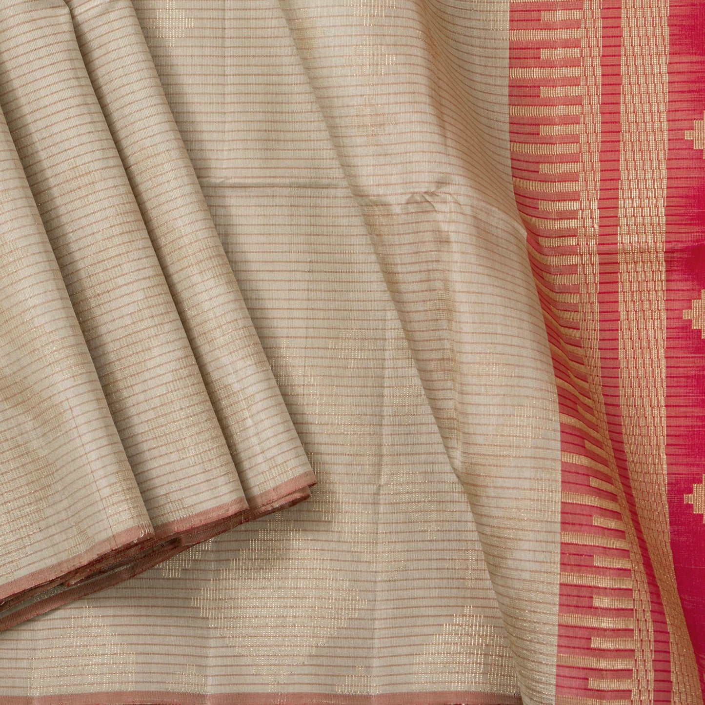 Beige And Red Borderless Handwoven Soft Silk Saree With Gold Zari For Festive Wear PV RSP 184